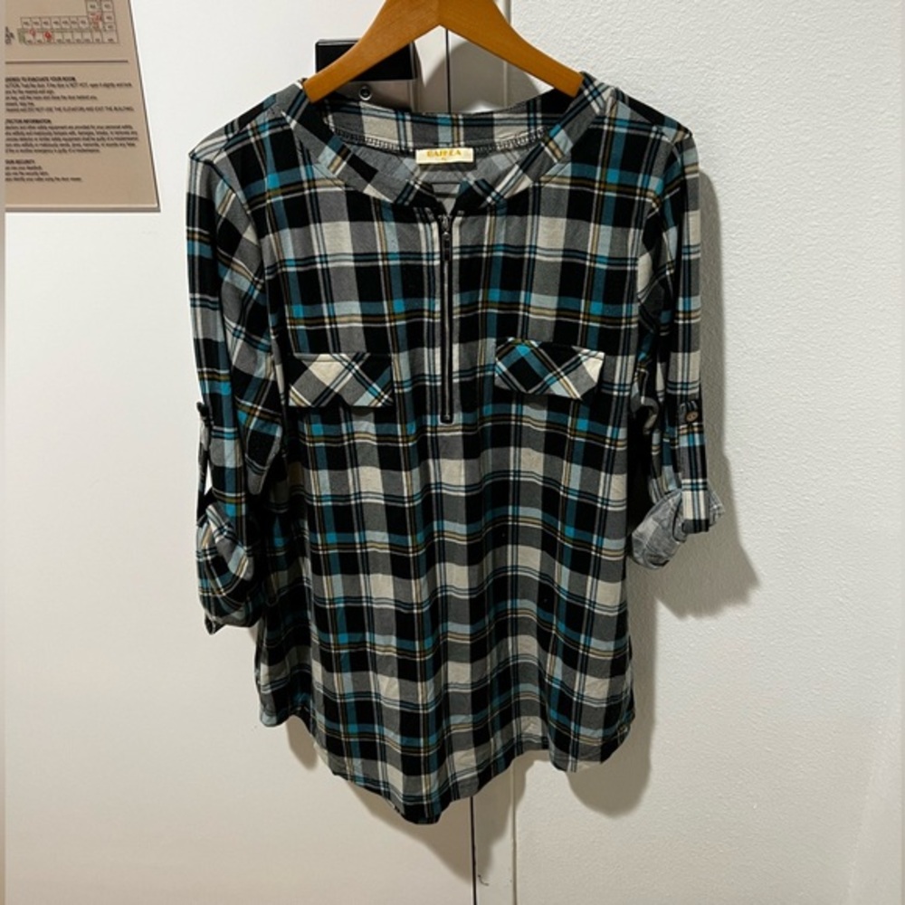 Baikea Women's 3/4 Sleeve V Neck Plaid Shirt Casual Tunic Blouse XL